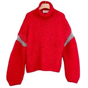 Vintage Y2K Italian Hand-Knitted Chunky Mock Neck Sweater – Red & Gunmetal